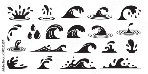 Variety of black water splashes waves and drops isolated on white background vector.