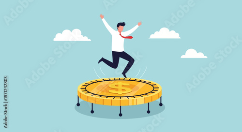 A cheerful businessman joyfully leaps on a giant golden dollar coin acting as a trampoline, symbolizing financial success, market recovery, and investment growth.