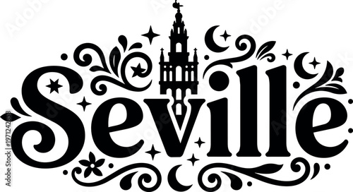 Seville lettering with giralda tower and decorative swirls black and white vector art