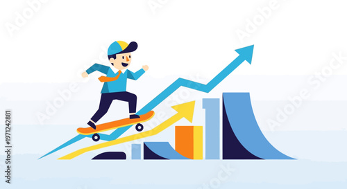 Dynamic illustration of a young entrepreneur on a skateboard conquering an upward-sloping financial chart, representing business success, growth, and momentum.