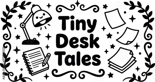 Cute black and white tiny desk tales lettering with desk lamp notepad and papers