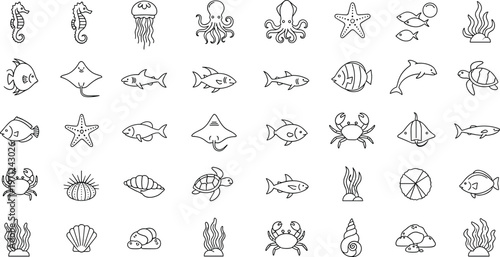 Marine Life Outline Icon Set Vector Collection with Sea Animals Fish Crab Jellyfish and Ocean Elements Isolated on Transparent Background for Design