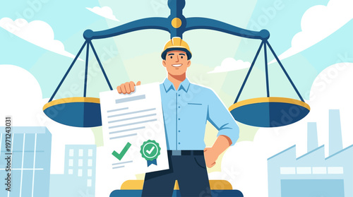 This flat design illustration visualizes a worker holding a contract, with scales of justice in the background, representing the crucial importance of labor rights and fair agreements