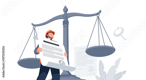 This flat design illustration visualizes a worker holding a contract, with scales of justice in the background, representing the crucial importance of labor rights and fair agreements