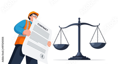This flat design illustration visualizes a worker holding a contract, with scales of justice in the background, representing the crucial importance of labor rights and fair agreements