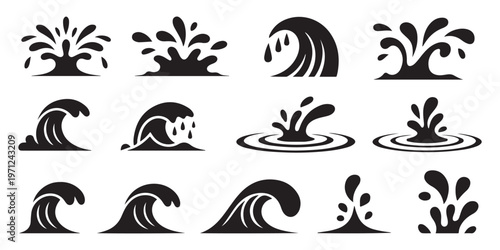 Ocean wave and splash silhouette set featuring different liquid movement styles for graphic design projects.