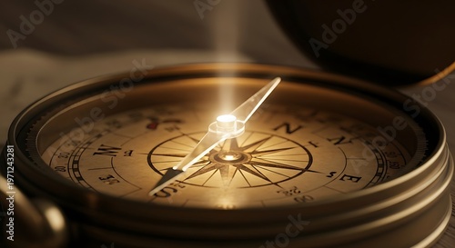 Antique compass points north golden glow