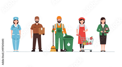 This flat design illustration celebrates the vital roles of essential workers, featuring diverse figures like a nurse, delivery driver, and teacher, recognizing their dedication