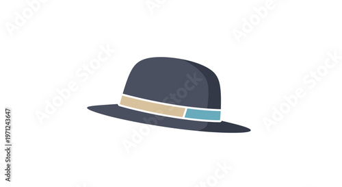 Stylish fedora hat with a blue and beige band against a white background