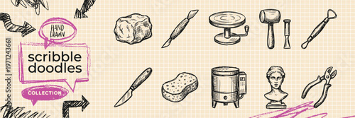 Hand Drawn Graphic Design and Creative Art Studio Doodle Icon Set with Vector Pen Tool Color Palette and Drawing Interface Sketches for Digital App Vector EPS