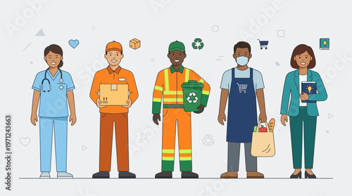 This flat design illustration celebrates the vital roles of essential workers, featuring diverse figures like a nurse, delivery driver, and teacher, recognizing their dedication