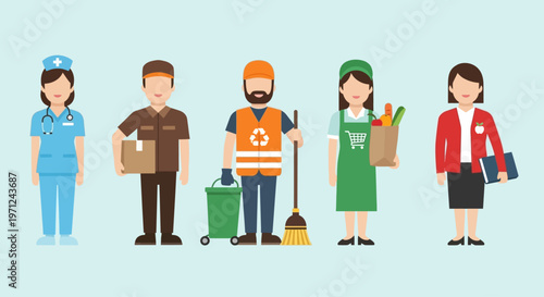 This flat design illustration celebrates the vital roles of essential workers, featuring diverse figures like a nurse, delivery driver, and teacher, recognizing their dedication