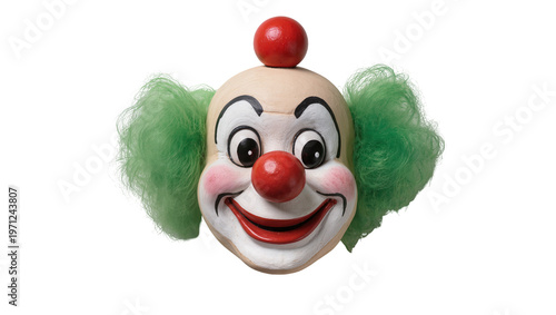 Smiling Clown Face with Red Nose Green Curly Wig, and Red Ball