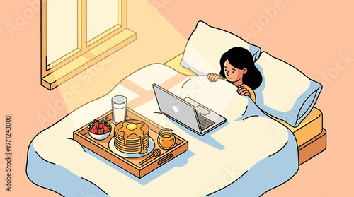 Cozy Morning Illustration of a Woman Having Breakfast in Bed While Working on a Laptop