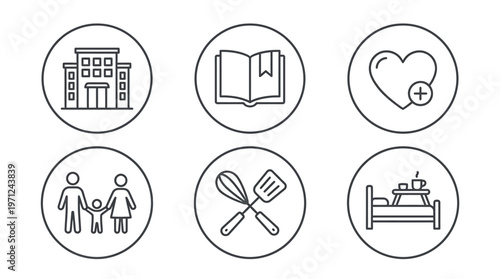 Set of Six Minimalist Line Icons for Community Education Healthcare and Family Life Illustration