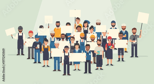 A flat design illustration showing diverse workers engaged in a peaceful demonstration, holding signs to represent advocacy and collective voice on International Workers' Day.
