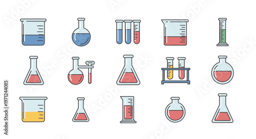 Illustrated laboratory equipment in a set, science icons, vector art design in a line style