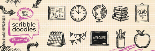 Hand Drawn Logistics Supply Chain and Shipping Delivery Doodle Icon Set with Transport Truck Box Cargo and Package Sketches for Distribution Network Vector EPS