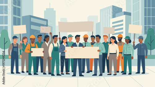 A flat design illustration showing diverse workers engaged in a peaceful demonstration, holding signs to represent advocacy and collective voice on International Workers' Day.