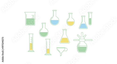 Illustrated laboratory glassware and beakers with colored liquids isolated on white