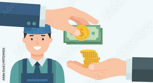A flat design illustration symbolizing fair wage and equitable compensation, depicting a hand giving money to another, with a content worker in the background, ideal for International Workers' Day.