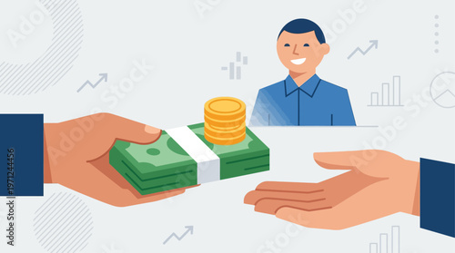 A flat design illustration symbolizing fair wage and equitable compensation, depicting a hand giving money to another, with a content worker in the background, ideal for International Workers' Day.