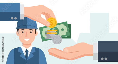 A flat design illustration symbolizing fair wage and equitable compensation, depicting a hand giving money to another, with a content worker in the background, ideal for International Workers' Day.