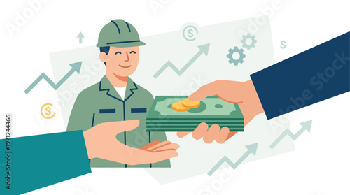 A flat design illustration symbolizing fair wage and equitable compensation, depicting a hand giving money to another, with a content worker in the background, ideal for International Workers' Day.