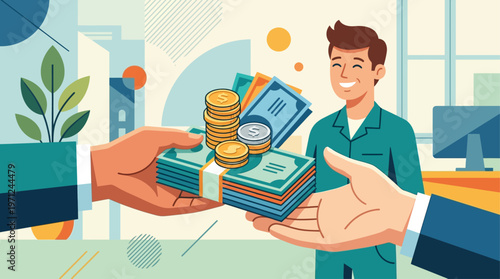 A flat design illustration symbolizing fair wage and equitable compensation, depicting a hand giving money to another, with a content worker in the background, ideal for International Workers' Day.