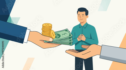 A flat design illustration symbolizing fair wage and equitable compensation, depicting a hand giving money to another, with a content worker in the background, ideal for International Workers' Day.