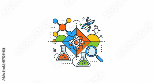 Illustrated scientific concept representing chemistry, biology, and research in modern style