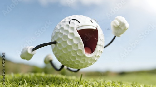 Cartoon golf ball character with arms and legs joyfully running across a green grass field under a bright blue sky with fluffy clouds in the background