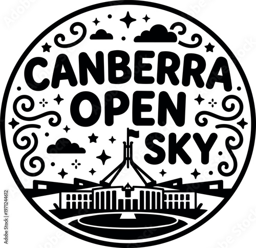 Black and white canberra open sky lettering with parliament house icon vector art