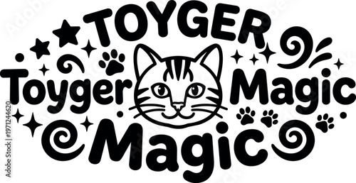 Black and white toyger magic cat face with stars and paw prints vector art