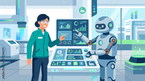 A flat design illustration showcasing a human worker and a robot collaborating at a control panel, symbolizing the seamless integration of technology and human labor for International Workers' Day.