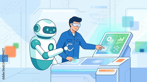 A flat design illustration showcasing a human worker and a robot collaborating at a control panel, symbolizing the seamless integration of technology and human labor for International Workers' Day.