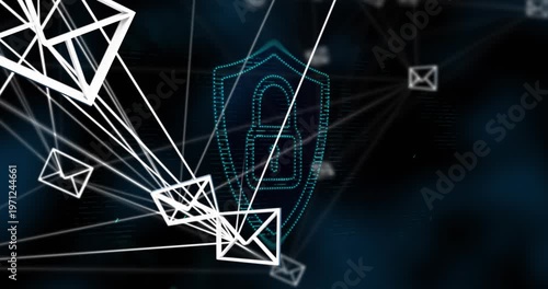 Animation of envelope icons and padlock on black background