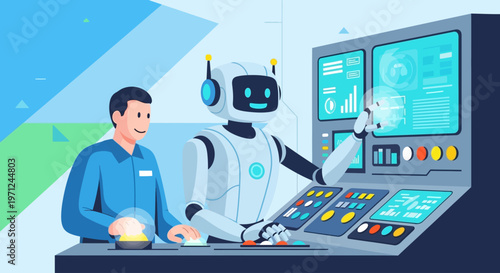 A flat design illustration showcasing a human worker and a robot collaborating at a control panel, symbolizing the seamless integration of technology and human labor for International Workers' Day.