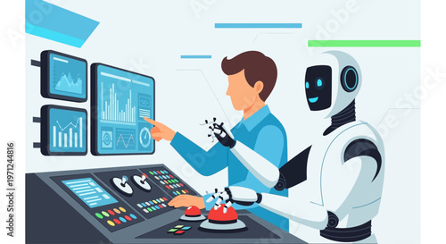 A flat design illustration showcasing a human worker and a robot collaborating at a control panel, symbolizing the seamless integration of technology and human labor for International Workers' Day.