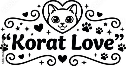 Black and white korat love cat face with paws and hearts vector art