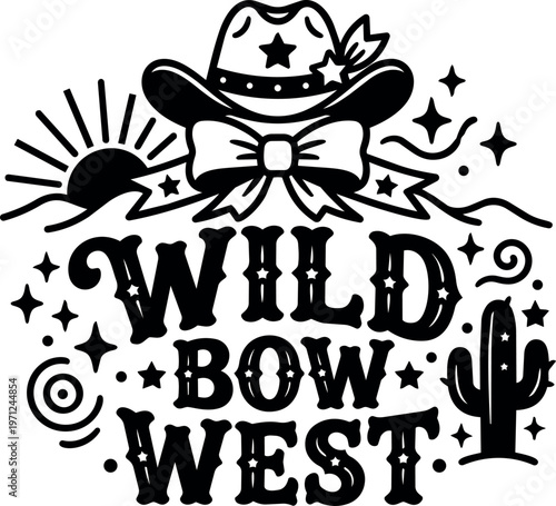 Black and white wild bow west cowboy hat ribbon cactus vector art