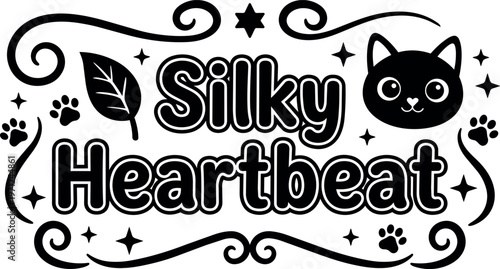 Silky heartbeat lettering with black cat face and paws decorative vector art