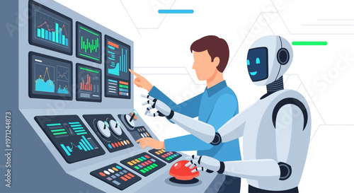 A flat design illustration showcasing a human worker and a robot collaborating at a control panel, symbolizing the seamless integration of technology and human labor for International Workers' Day.