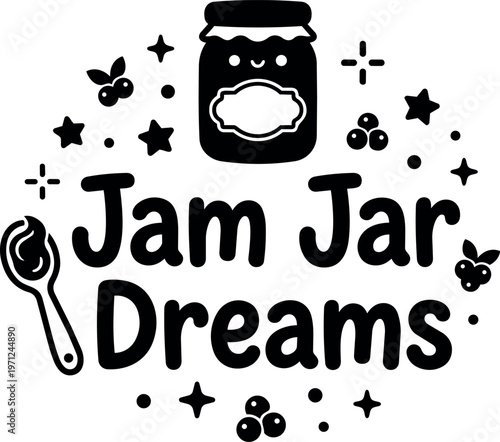 Black and white jam jar dreams text with smiling jar and spoon vector art