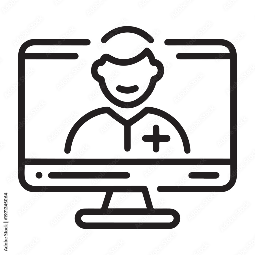 Fototapeta premium Online Doctor Telemedicine Consultation Icon - Digital Healthcare Medical Service on Desktop Computer Monitor Vector