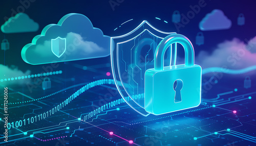 A futuristic digital lock and shield icon symbolize cloud security and data protection in a high-tech network environment.