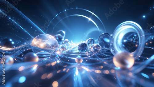 Blue crystals with floating bubbles in a sparkling abstract scene, cool fantasy background with soft glow and clean copy space