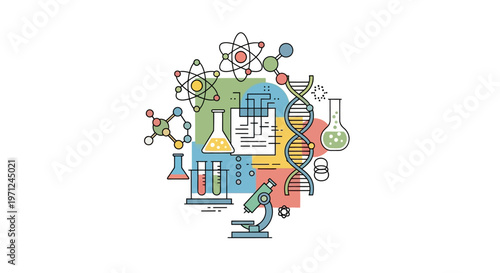 Illustrated scientific laboratory tools and molecular structures displayed in a modern design