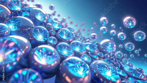 Blue crystals with floating bubbles in a sparkling abstract scene, cool fantasy background with soft glow and clean copy space