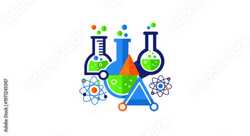 Illustrated scientific laboratory with beakers, atoms, and colorful experimentation design